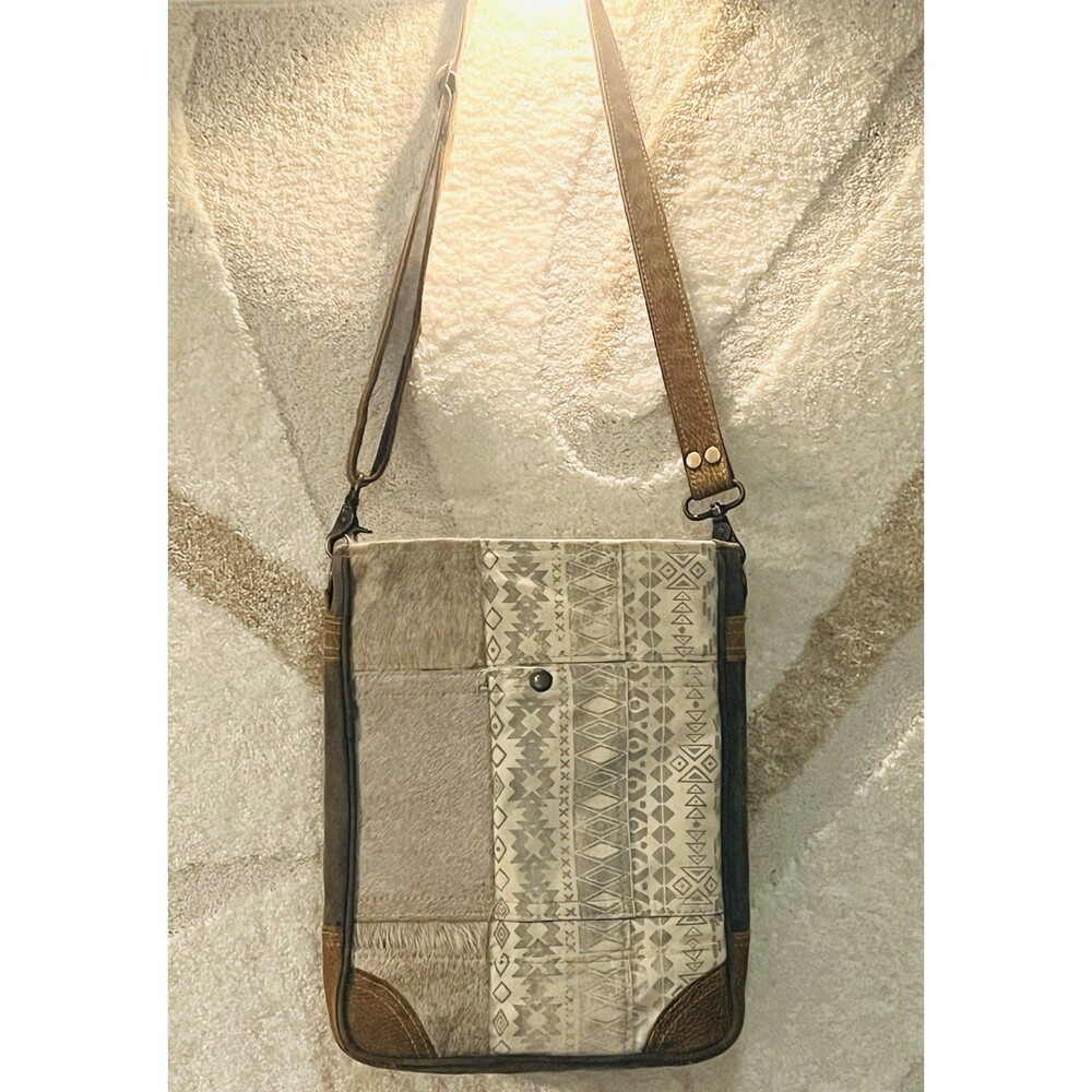 MYRA BAG Cowhide Fur Canvas Crossbody Bag Large Messenger Western Aztec Glam EUC